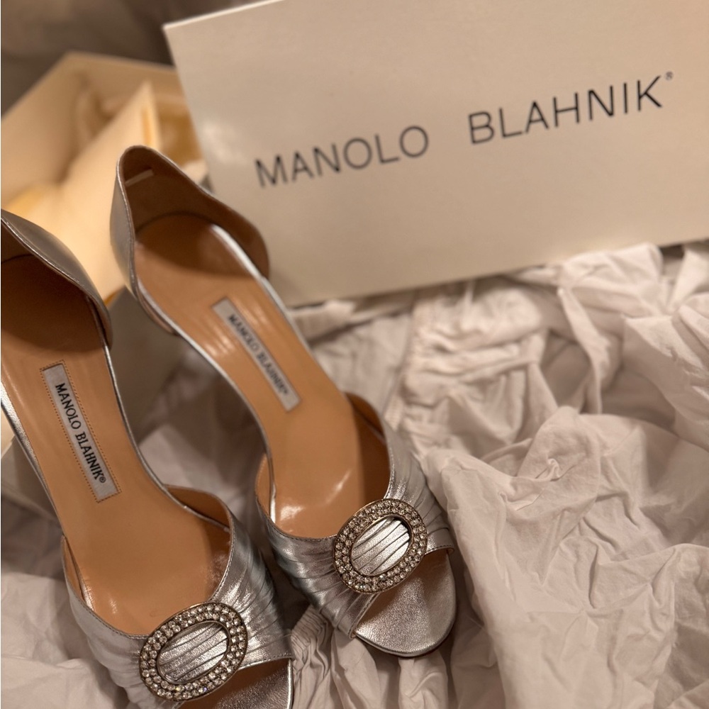 Manolo Blahnik Silver Open-Toe Heels